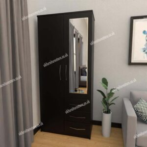 Black 2 Door Wardrobe With 1 Mirror and 3 Bottom Drawers