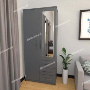 Gray 2 Door Wardrobe With 1 Mirror and 3 Bottom Drawers
