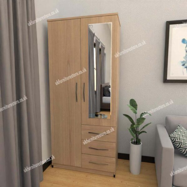 Oak 2 Door Wardrobe With 1 Mirror and 3 Bottom Drawers