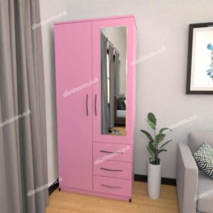 Pink 2 Door Wardrobe With 1 Mirror and 3 Bottom Drawers