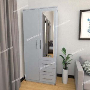Silver 2 Door Wardrobe With 1 Mirror and 3 Bottom Drawers