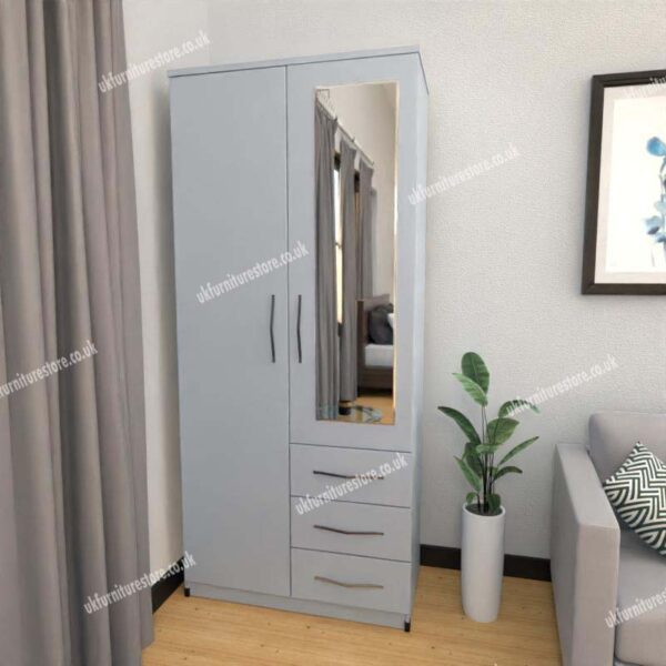 Silver 2 Door Wardrobe With 1 Mirror and 3 Bottom Drawers