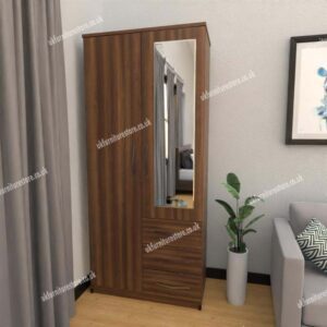Walnut 2 Door Wardrobe With 1 Mirror and 3 Bottom Drawers