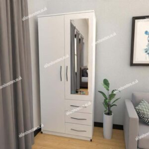 White 2 Door Wardrobe With 1 Mirror and 3 Bottom Drawers