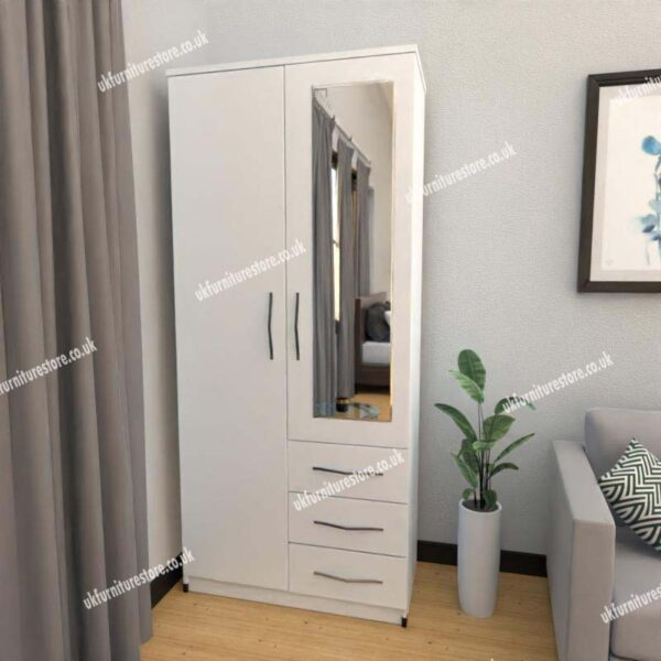 White 2 Door Wardrobe With 1 Mirror and 3 Bottom Drawers