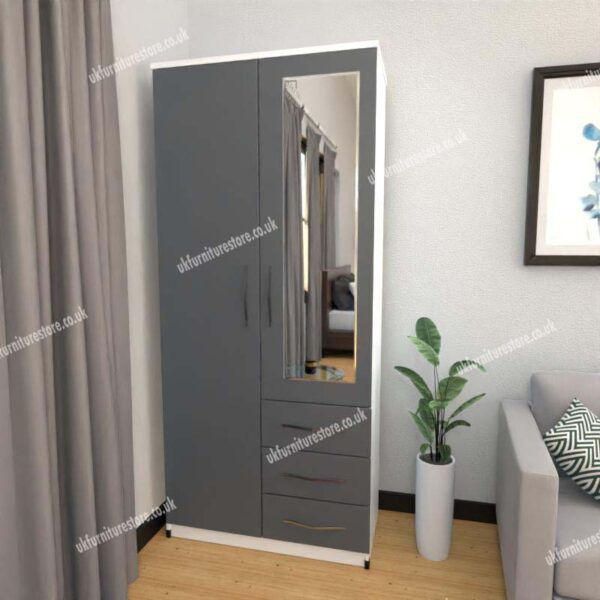 Front Gray Side White 2 Door Wardrobe With 1 Mirror and 3 Bottom Drawers