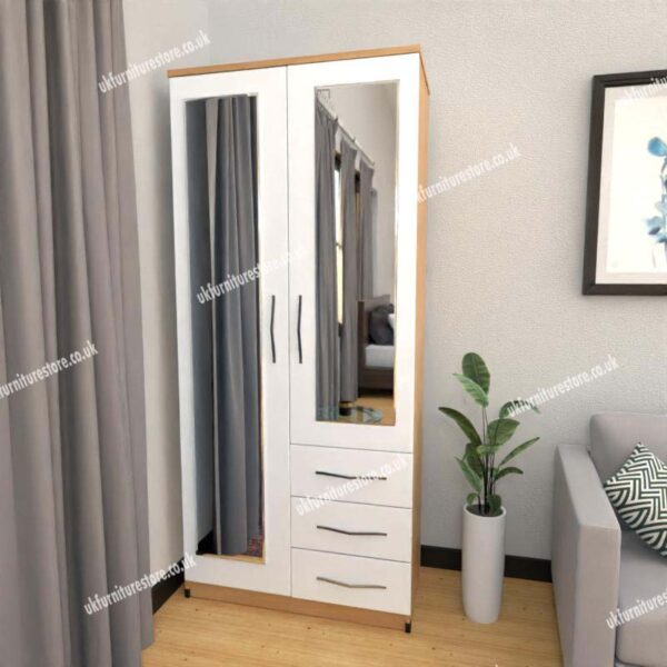 Front White Side Oak 2 Door Wardrobe With 2 Mirrors and 3 Bottom Drawers