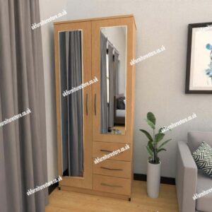 Beech 2 Door Wardrobe With 2 Mirrors and 3 Bottom Drawers