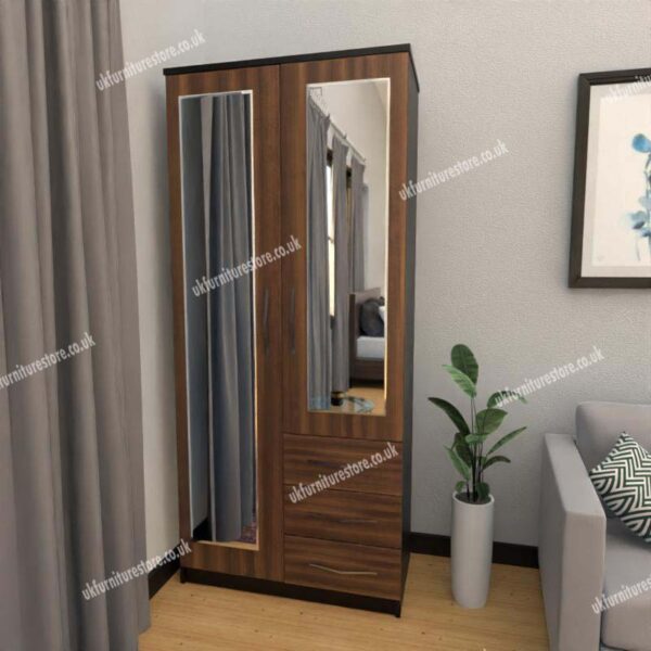 Front Walnut Side Black 2 Door Wardrobe With 2 Mirrors and 3 Bottom Drawers