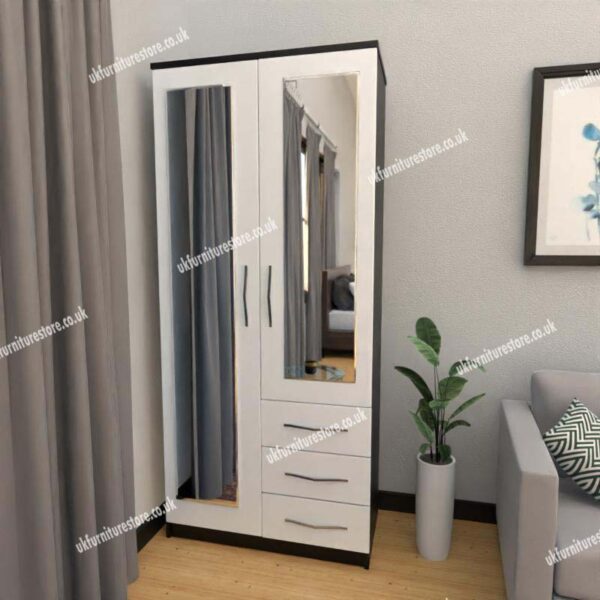 Front White Side Black 2 Door Wardrobe With 2 Mirrors and 3 Bottom Drawers
