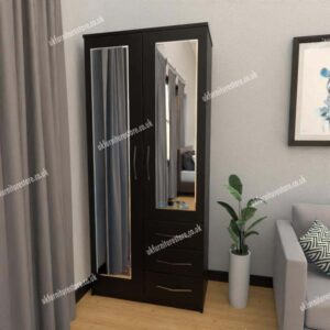 Black 2 Door Wardrobe With 2 Mirrors and 3 Bottom Drawers
