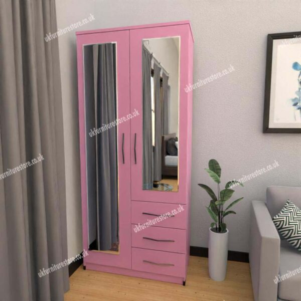 Pink 2 Door Wardrobe With 2 Mirrors and 3 Bottom Drawers