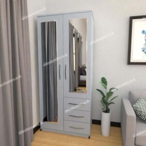 Silver 2 Door Wardrobe With 2 Mirrors and 3 Bottom Drawers