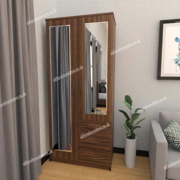 Walnut 2 Door Wardrobe With 2 Mirrors and 3 Bottom Drawers