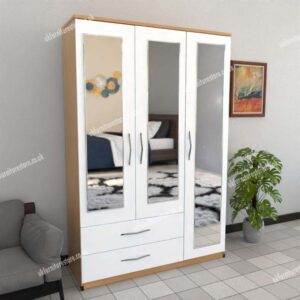 Front White Side Beech 3 Door Wardrobe With 3 Mirrors and 2 Bottom Drawers