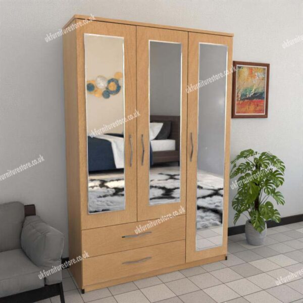 Beech 3 Door Wardrobe With 3 Mirrors and 2 Bottom Drawers