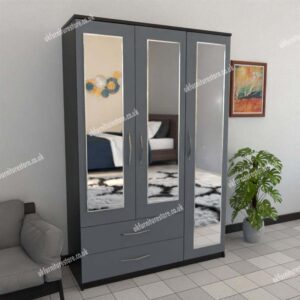 Front Gray Side Black 3 Door Wardrobe With 3 Mirrors and 2 Bottom Drawers