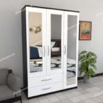 Front White Side Black 3 Door Wardrobe With 3 Mirrors and 2 Bottom Drawers