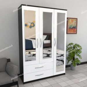 Front White Side Black 3 Door Wardrobe With 3 Mirrors and 2 Bottom Drawers