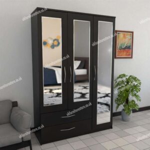 Black 3 Door Wardrobe With 3 Mirrors and 2 Bottom Drawers