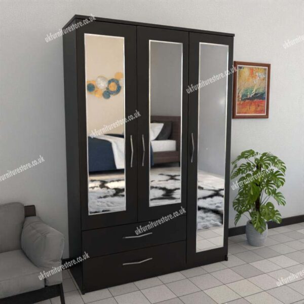 Black 3 Door Wardrobe With 3 Mirrors and 2 Bottom Drawers