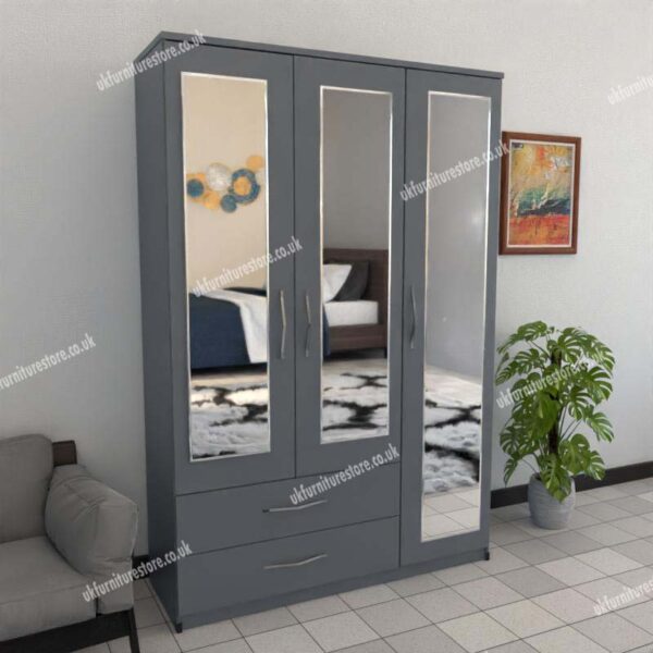 Gray 3 Door Wardrobe With 3 Mirrors and 2 Bottom Drawers
