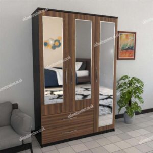 Front Walnut Side Black 3 Door Wardrobe With 3 Mirrors and 2 Bottom Drawers