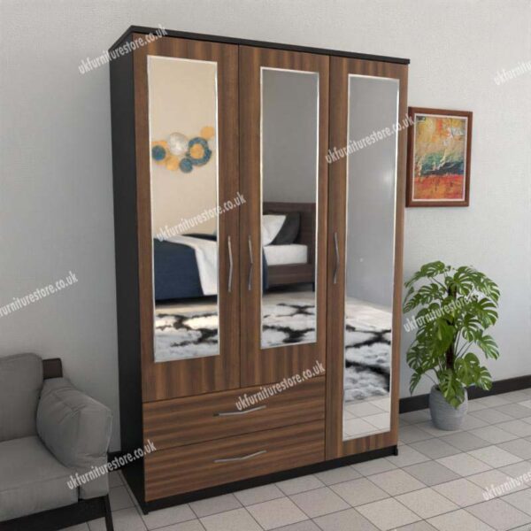 Front Walnut Side Black 3 Door Wardrobe With 3 Mirrors and 2 Bottom Drawers