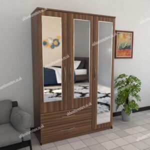 Walnut 3 Door Wardrobe With 3 Mirrors and 2 Bottom Drawers
