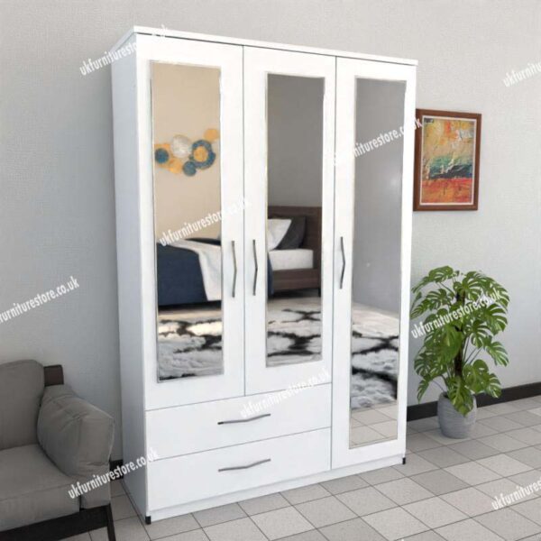 White 3 Door Wardrobe With 3 Mirrors and 2 Bottom Drawers