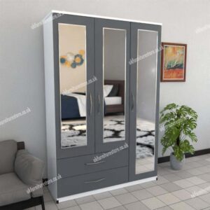 Front Gray Side White 3 Door Wardrobe With 3 Mirrors and 2 Bottom Drawers