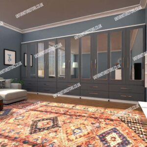 Front Gray Side White 10 Door Wardrobe Set With 10 Mirrors and 10 Bottom Drawers