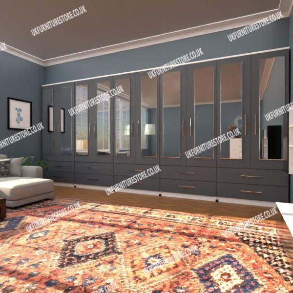 Front Gray Side White 10 Door Wardrobe Set With 10 Mirrors and 10 Bottom Drawers