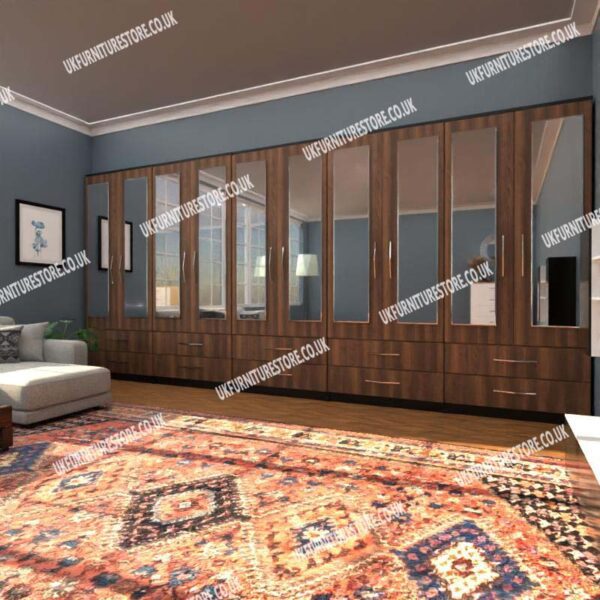 Front Walnut Side Black 10 Door Wardrobe Set With 10 Mirrors and 10 Bottom Drawers