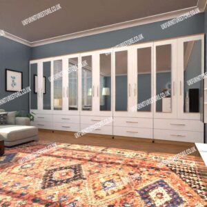 Front White Side Beech 10 Door Wardrobe Set With 10 Mirrors and 10 Bottom Drawers
