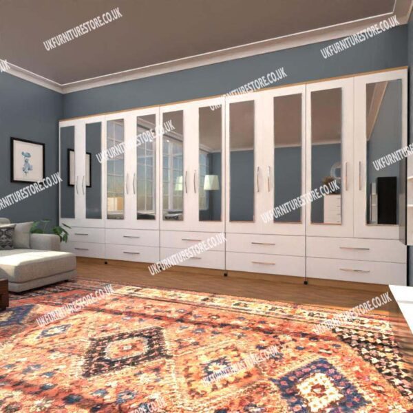 Front White Side Beech 10 Door Wardrobe Set With 10 Mirrors and 10 Bottom Drawers