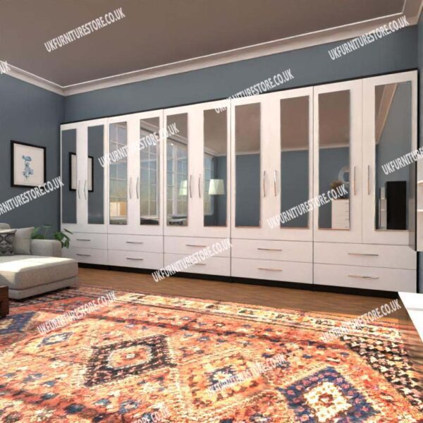 Front White Side Black 10 Door Wardrobe Set With 10 Mirrors and 10 Bottom Drawers