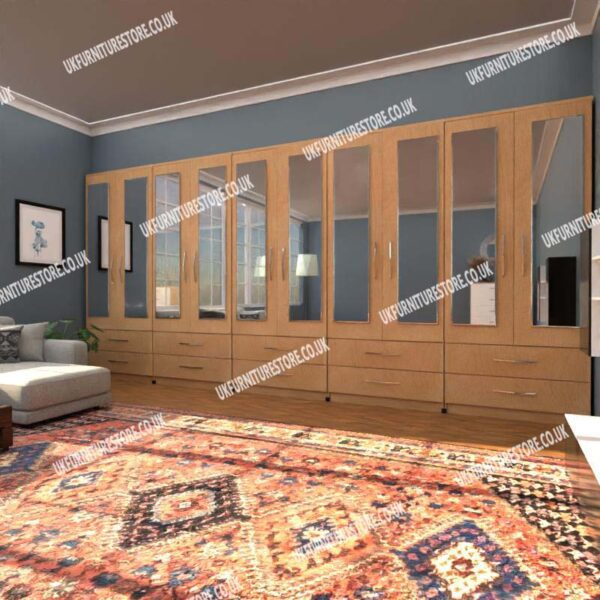 Beech 10 Door Wardrobe Set With 10 Mirrors and 10 Bottom Drawers