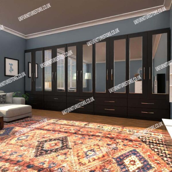 Black 10 Door Wardrobe Set With 10 Mirrors and 10 Bottom Drawers