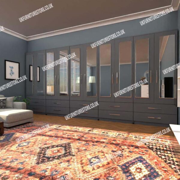 Gray 10 Door Wardrobe Set With 10 Mirrors and 10 Bottom Drawers