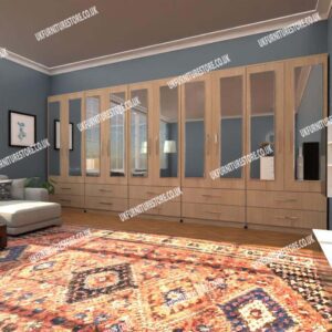 Oak 10 Door Wardrobe Set With 10 Mirrors and 10 Bottom Drawers