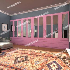 Pink 10 Door Wardrobe Set With 10 Mirrors and 10 Bottom Drawers
