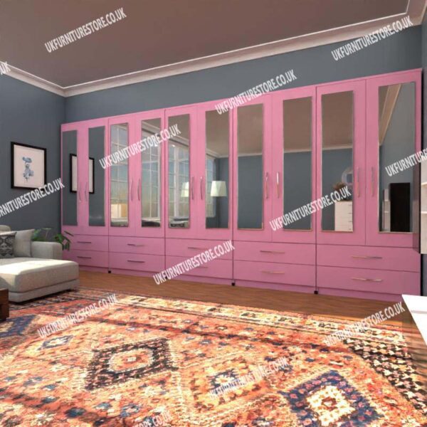 Pink 10 Door Wardrobe Set With 10 Mirrors and 10 Bottom Drawers