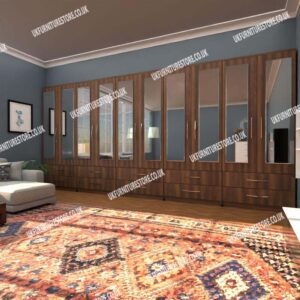 Walnut 10 Door Wardrobe Set With 10 Mirrors and 10 Bottom Drawers