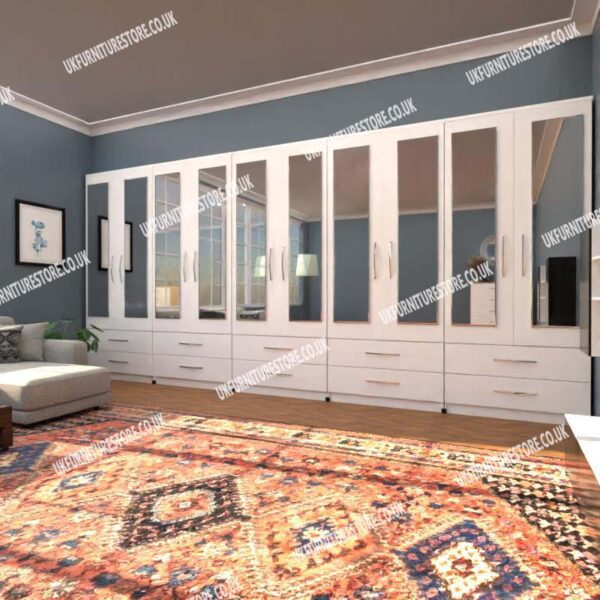 White 10 Door Wardrobe With 10 Mirrors and 10 Bottom Drawers