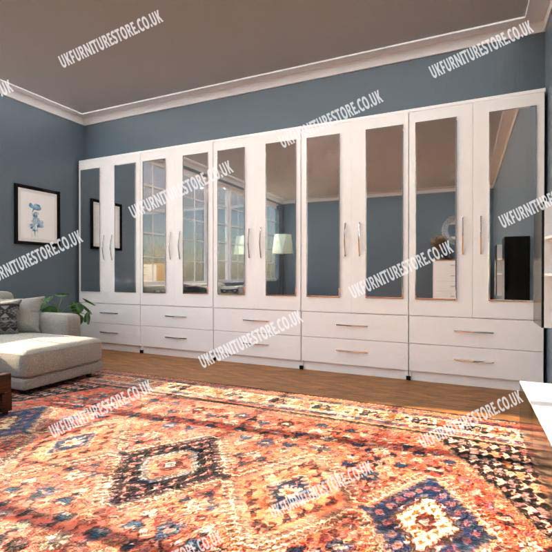White 10 Door Wardrobe With 10 Mirrors and 10 Bottom Drawers