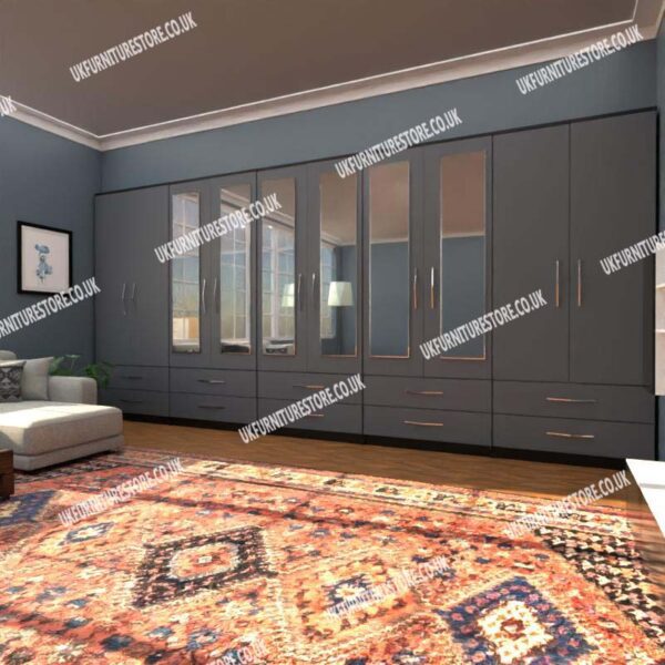 Front Gray Side Black 10 Door Wardrobe With 6 Mirrors and 10 Bottom Drawers