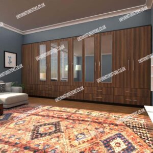 Front Walnut Side Black 10 Door Wardrobe With 6 Mirrors and 10 Bottom Drawers