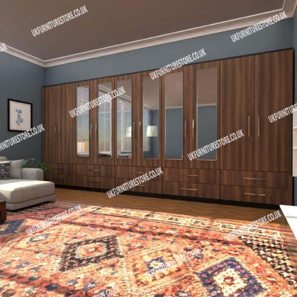 Front Walnut Side Black 10 Door Wardrobe With 6 Mirrors and 10 Bottom Drawers