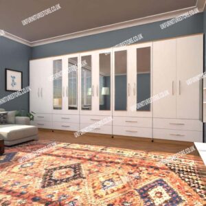 White 10 Door Wardrobe With 6 Mirrors and 10 Bottom Drawers